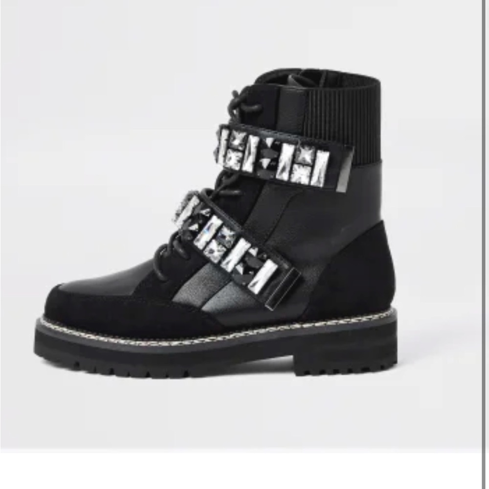 River Island black jeweled biker boots UK 5